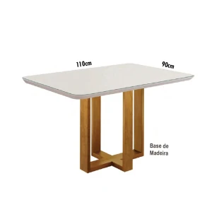 Mesa Imbuia 4 Lugares - Base de Madeira - Canto Moeda - Tampo Vidro Bege