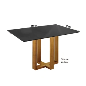 Mesa Imbuia 4 Lugares - Base de Madeira - Canto Moeda - Tampo Vidro Preto