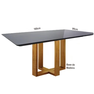 Mesa Imbuia 6 Lugares - Base de Madeira - Canto Moeda - Tampo Vidro Preto