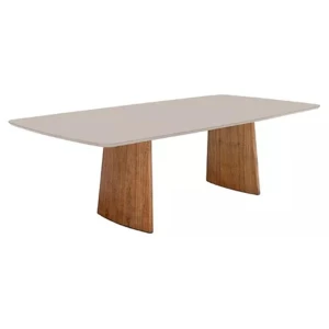 Mesa Malta Tampo Borda Cinamono c/ Vidro OFF White - Base Madeira - Canto Copo