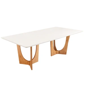 Mesa Trento Tampo Borda Cinamono c/ Vidro OFF White - Base Madeira - Canto Copo